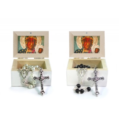 Wooden Jewellery case with glass Rosary 6mm - 18 OUR LADY OF CZESTOCHOWA
