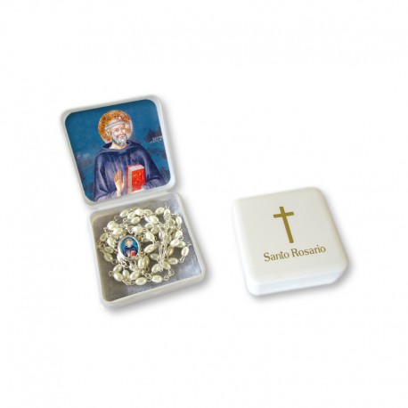 Small Rosary case "Saint Benedict" with imitation pearl Rosary, oval grains