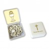 Large Rosary case "First Communion Chalice" with imitation pearl Rosary, oval grains