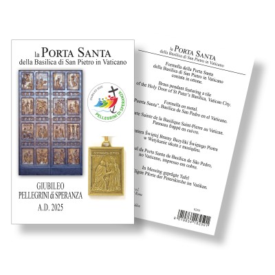 Immagine sacra "La Porta Santa" con ciondolo formella Porta Santa - Multilingua (Giubileo)