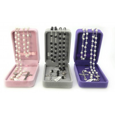 "The First Communion" with imitation pearl rosary mm 6 white or black in velvet box